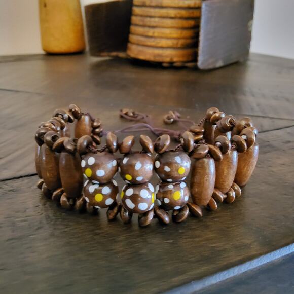 Wooden Stacked Slide Bead Bracelet Brown Yellow White Dot - Picture 1 of 9